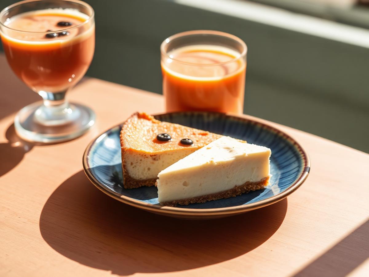 Tarta casera junto a un smoothie natural